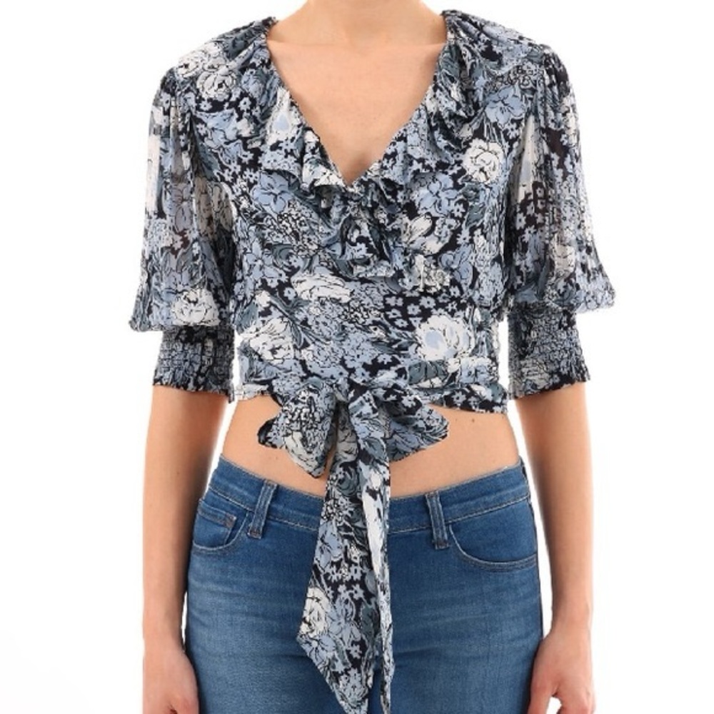 GANNI Elm Blue Printed Georgette Top Size 38